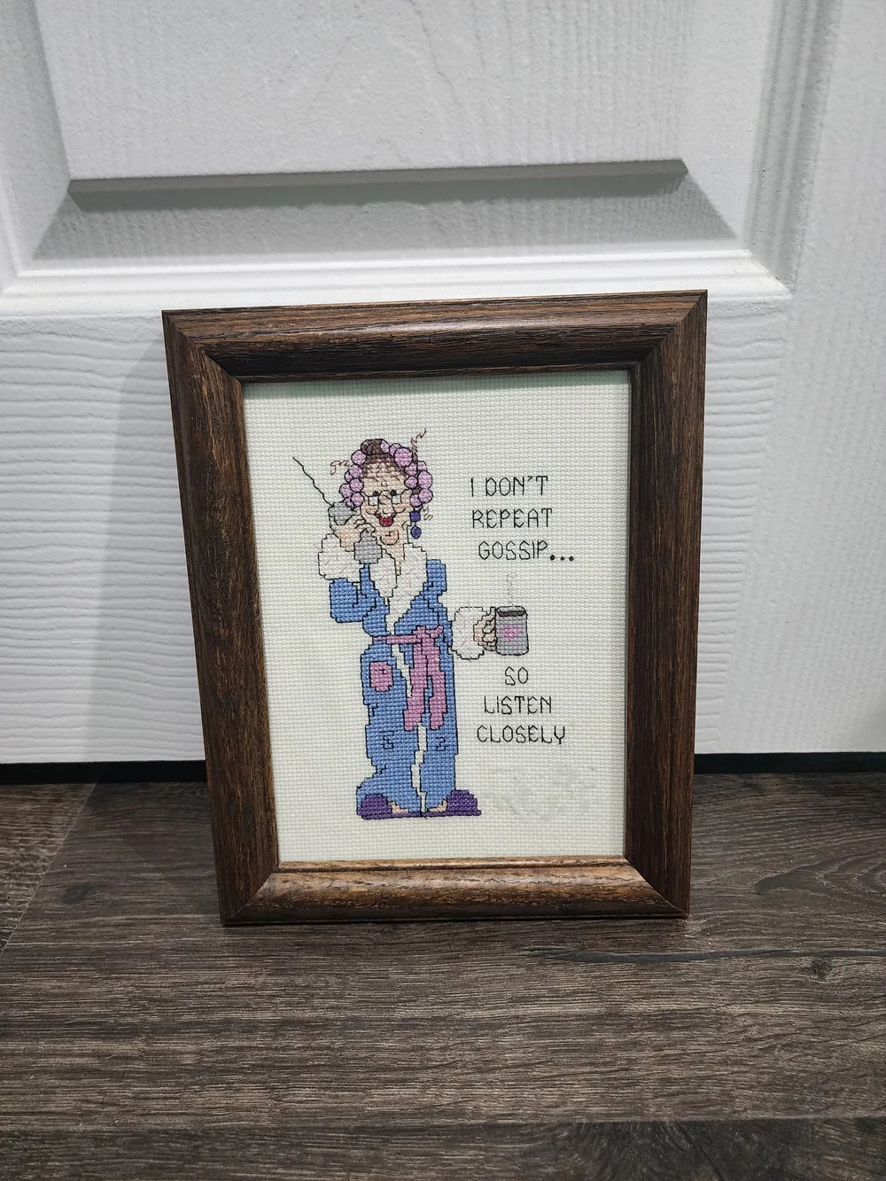 Framed Cross-Stitch Wall Art- Whimsical Gossip Quote